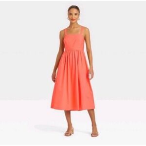 A New Day Womens Coral Orange Cotton Poplin Smocked Back Midi Dress Large
